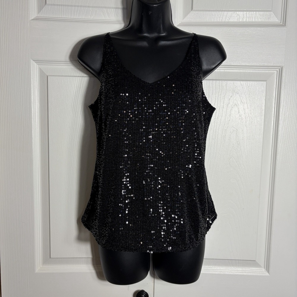 Banana Republic Sequin Tank Petite S Black Spaghetti Strap Sparkly Party Festive